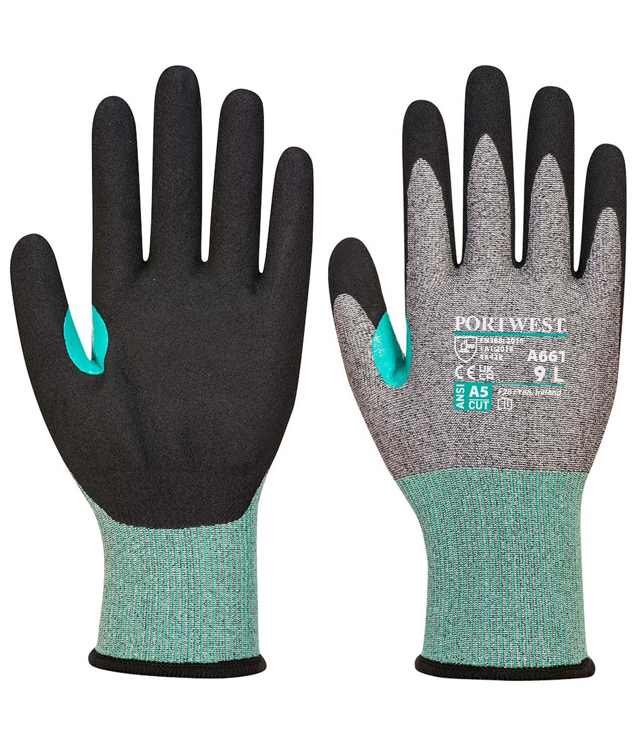 Portwest A661 cut protection gloves Cut E, Black/Grey/Green