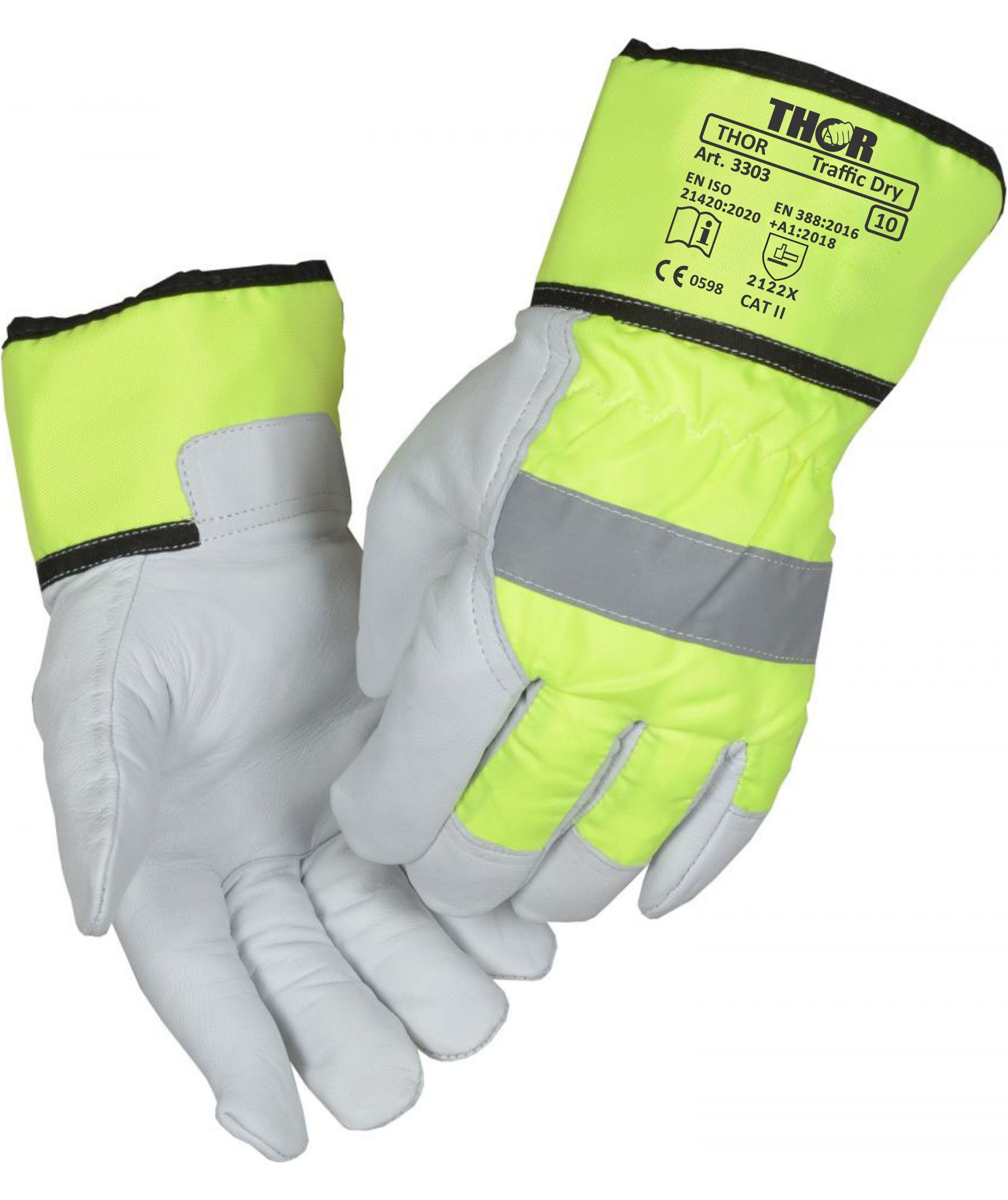 Thor 3303 Traffic Dry HI-VIZ work gloves, White/Hi-vis yellow