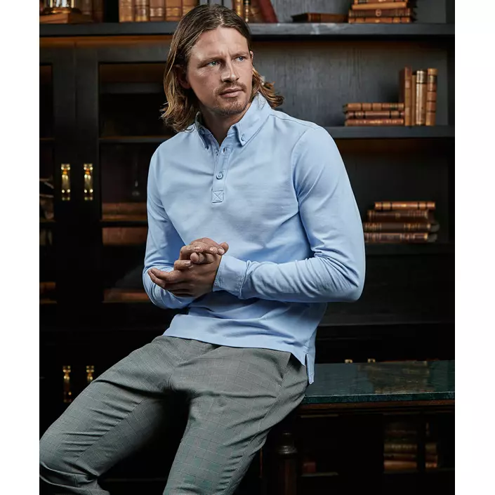 Tee Jays Luxury stretch langærmet button-down polo T-shirt, Light-Blue, large image number 1