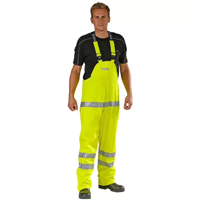 Ocean PU Comfort Stretch rain bib and brace trousers, Hi-Vis Yellow, large image number 0