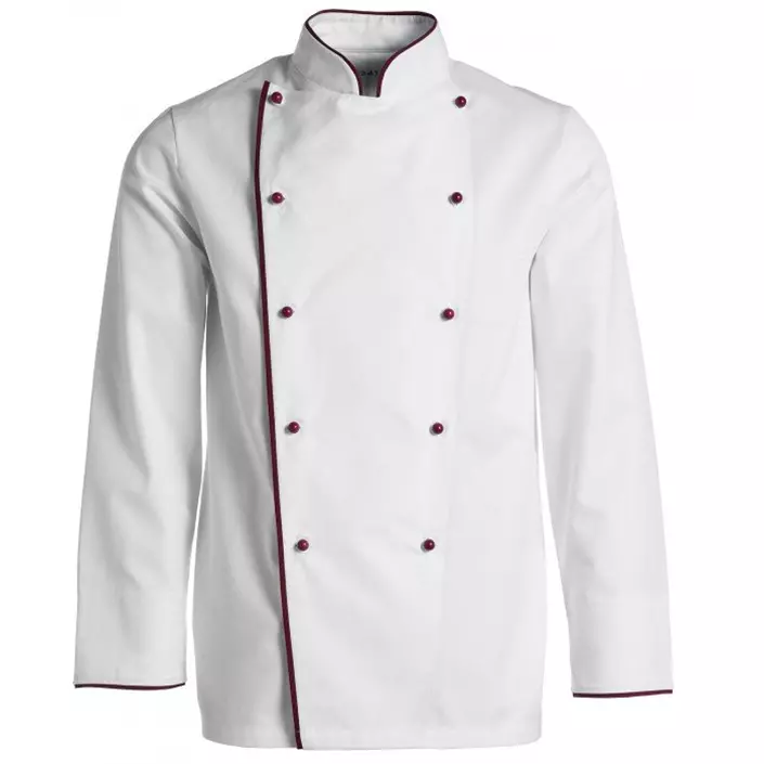 Kentaur kockjacka utan knappar med piping, Vit - Bordeaux Piping, large image number 0