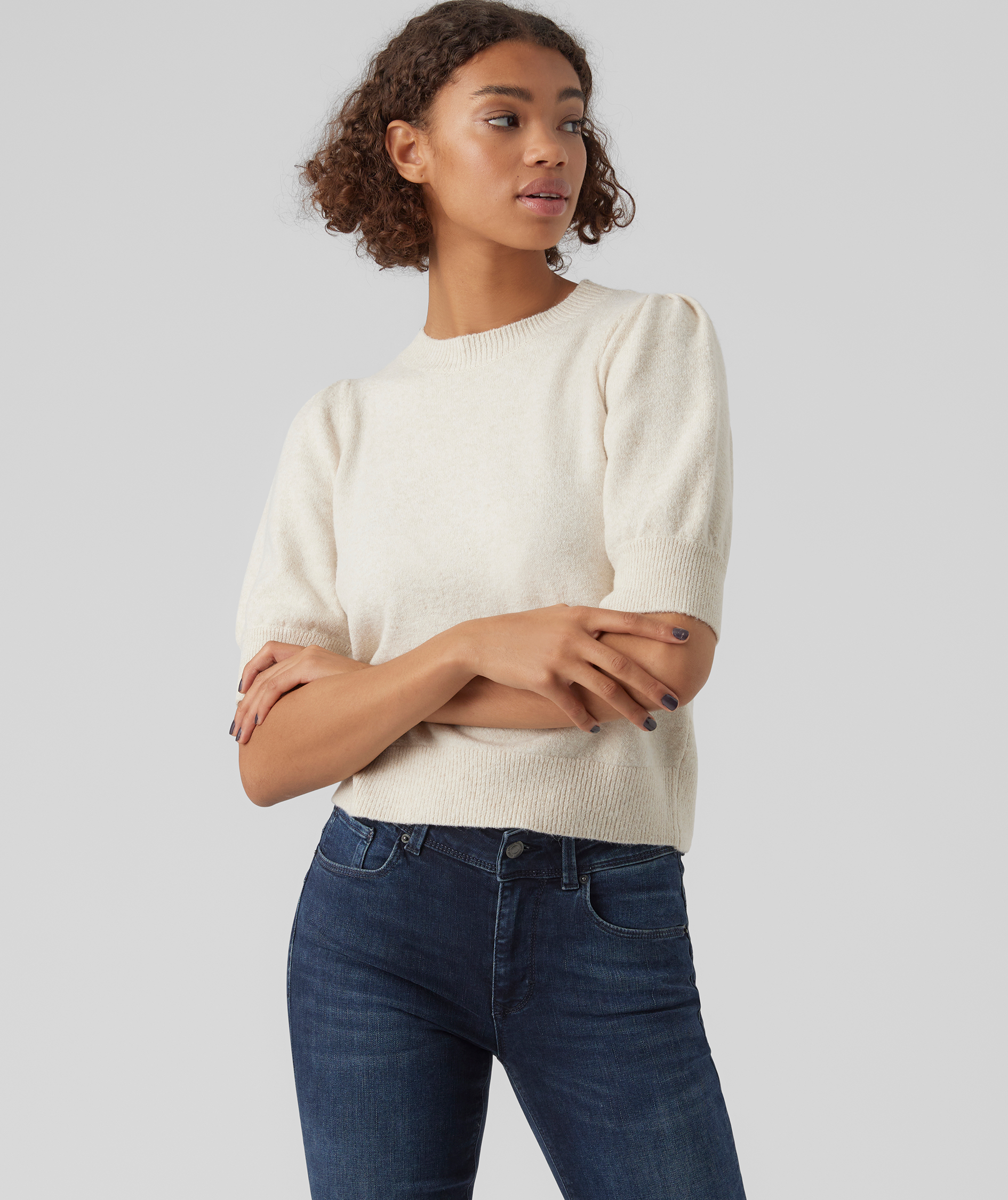 Vero Moda VMDOFFY kortermet dame strikket genser, Birch Melange