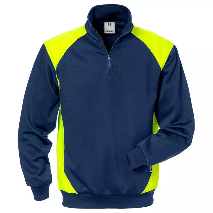 Fristads sweatshirt med kort lynlås 7048, Marine/Hi-Vis gul, large image number 0