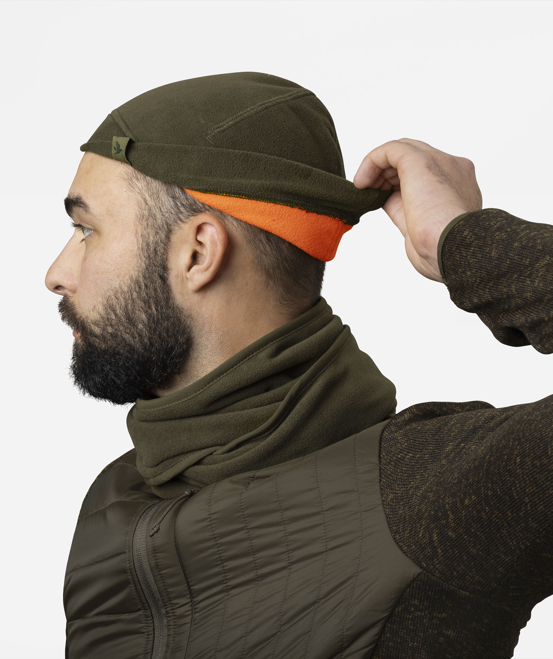 Seeland Reversible fleece beanie, Pine Green/Hi-Vis Orange