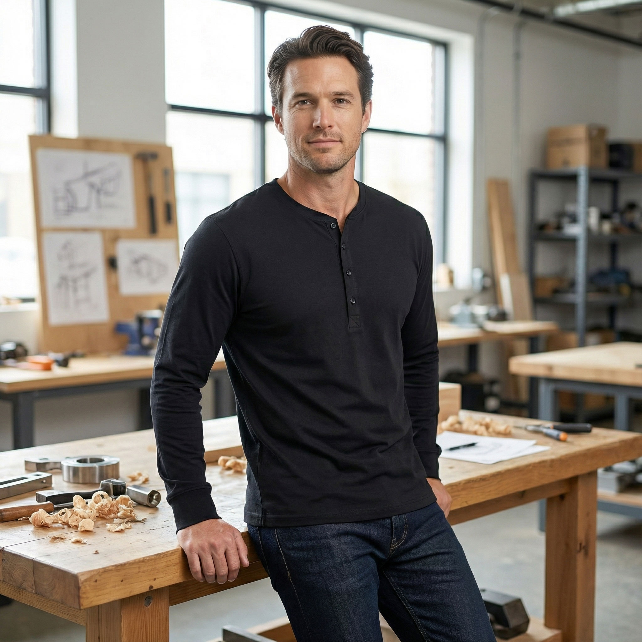 Westborn long-sleeved grandad T-shirt, Black, large image number 1