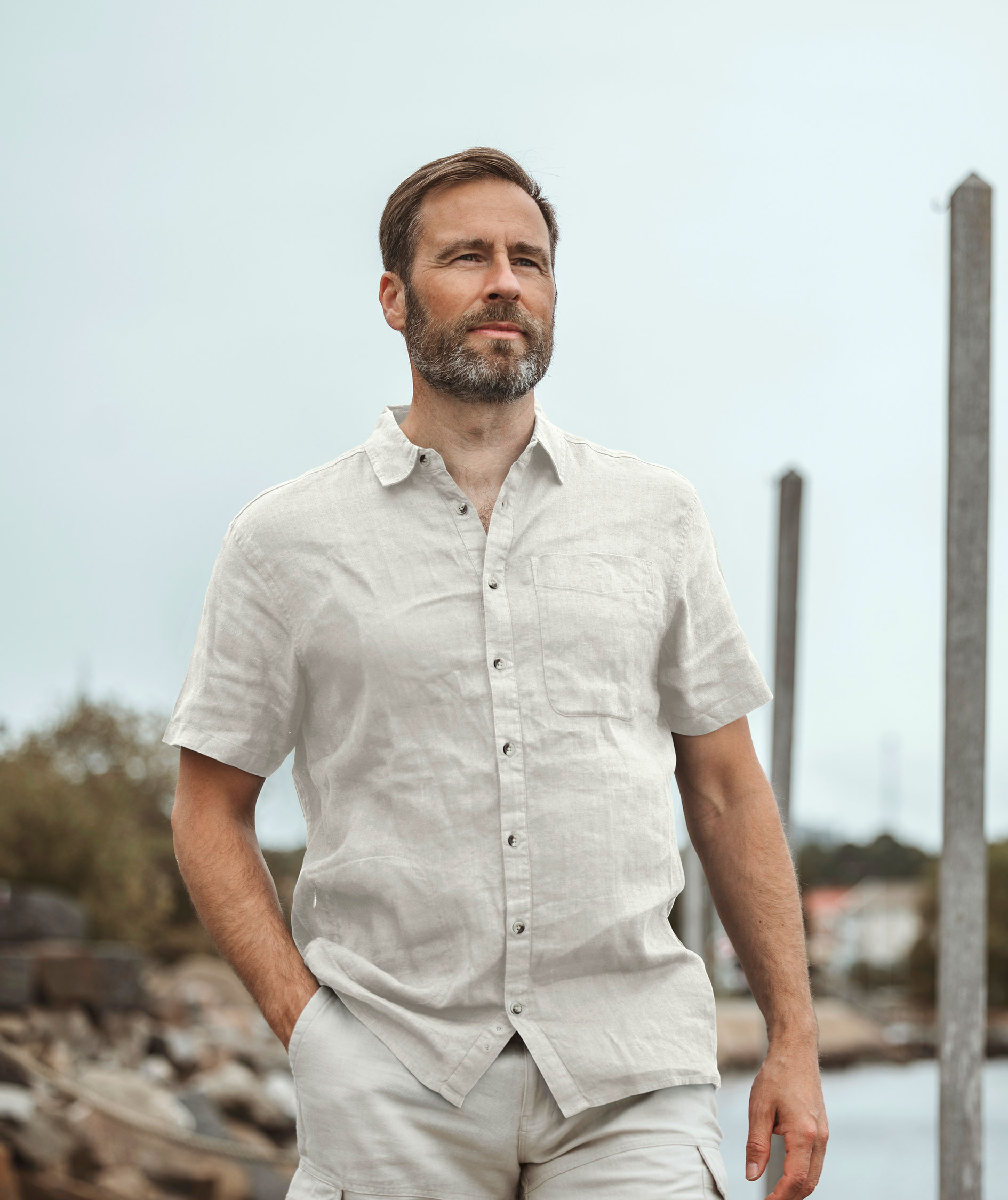 Pinewood V&auml;rnamo NatureSafe kort&aelig;rmet h&oslash;rskjorte, Linen Beige, large image number 1