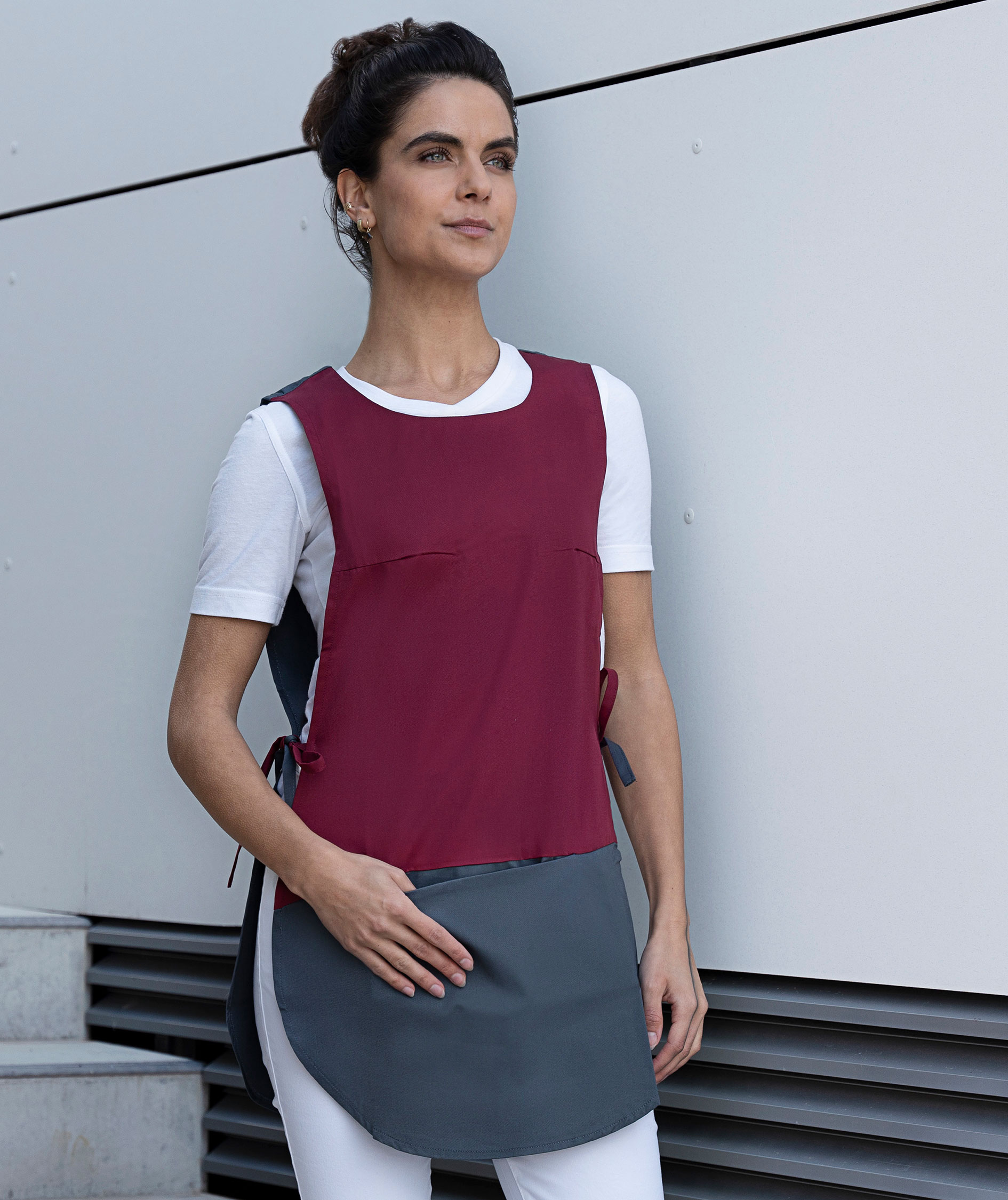 Karlowsky Bea dobbelt forkle med lomme, Gr&aring;/Bordeaux