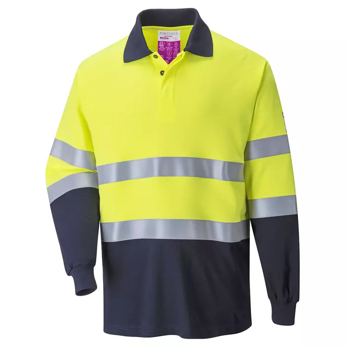 Portwest FR langermet polo T-skjorte, Hi-Vis gul/marineblå, large image number 0