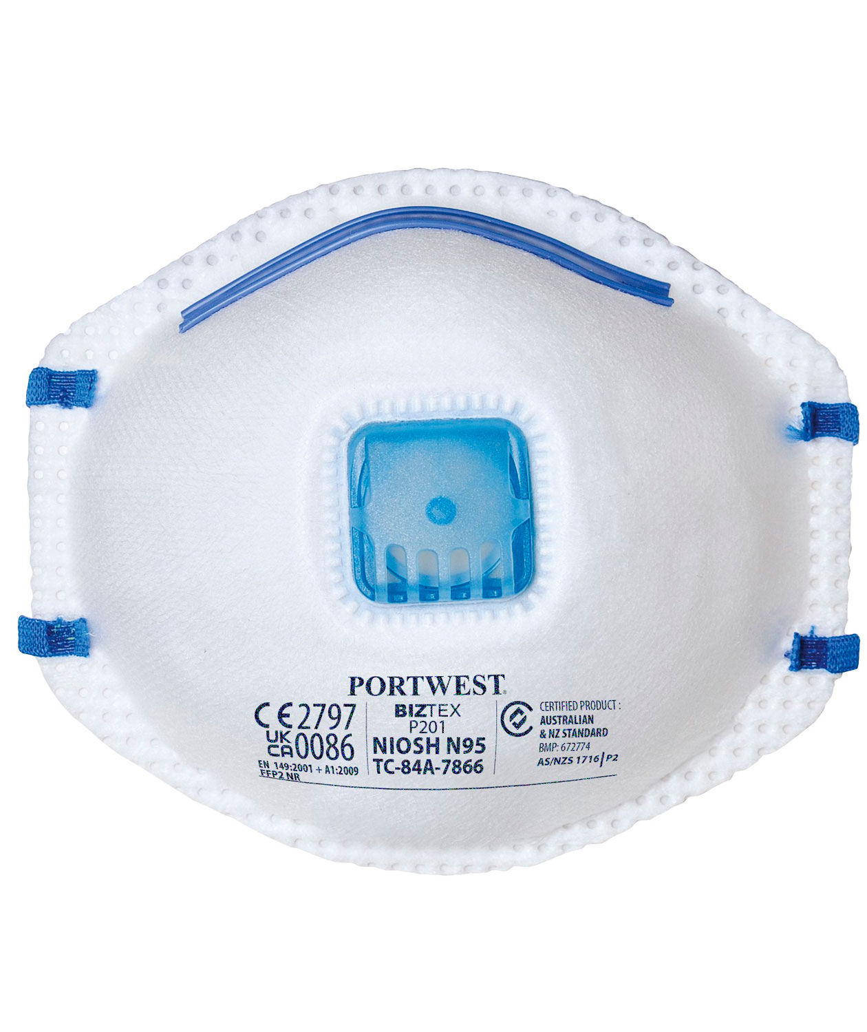 Portwest 10-pack damm mask FFP2 med ventil, Vit/Bl&aring;