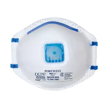 Portwest 10-pack damm mask FFP2 med ventil, Vit/Blå