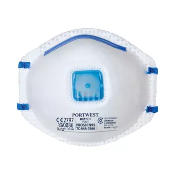 Portwest 10-pack damm mask FFP2 med ventil, Vit/Blå