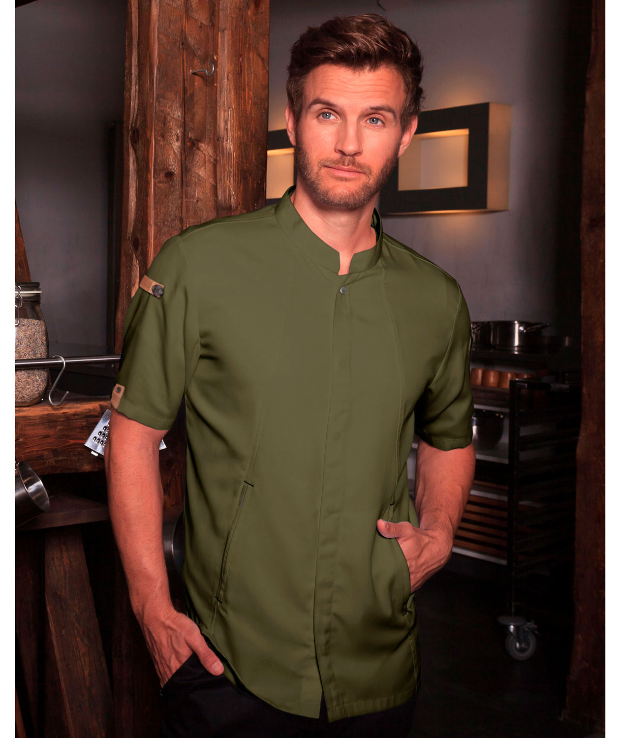 Karlowsky Green-generation short-sleeved chefs jacket, Moss green