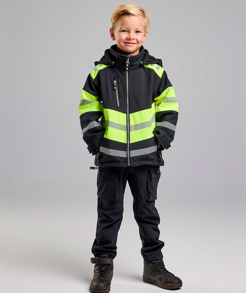 Bl&aring;kl&auml;der softshelljakke for barn full stretch, Svart/Hi-Vis Gul