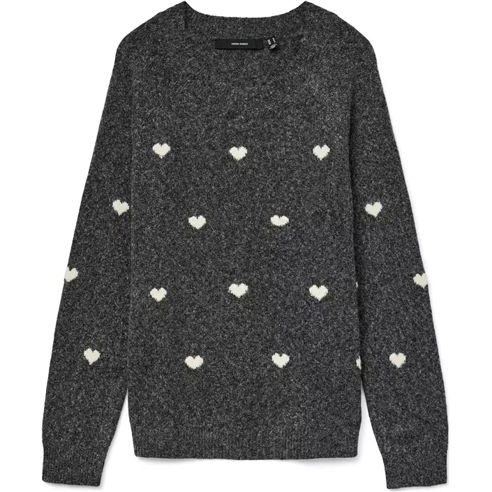 Vero Moda VMDOFFY INTARSIA dame striktrøje, Dark Grey Melange/White Hearts, large image number 0
