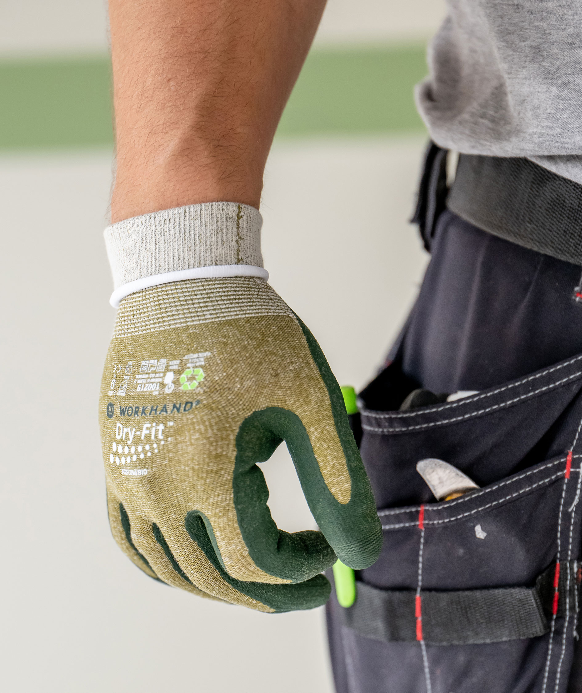 Workhand Dry-Fit Airflow montagehandskar, Khaki/Gr&ouml;n