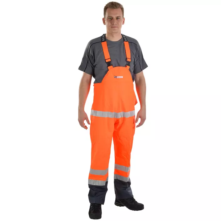 Ocean PU Comfort Stretch rain bib and brace trousers, Hi-vis Orange/Marine, large image number 0