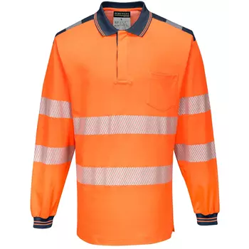 Portwest langermet polo T-skjorte, Hi-vis Orange/Mørk Marine