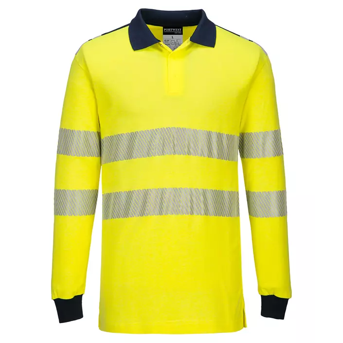 Portwest WX3 FR langermet polo T-skjorte, Hi-Vis gul/marineblå, large image number 0