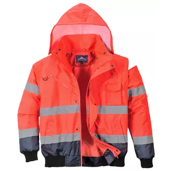 Portwest 3-in-1 pilotjacket with detachable sleeves, Hi-Vis red/marine